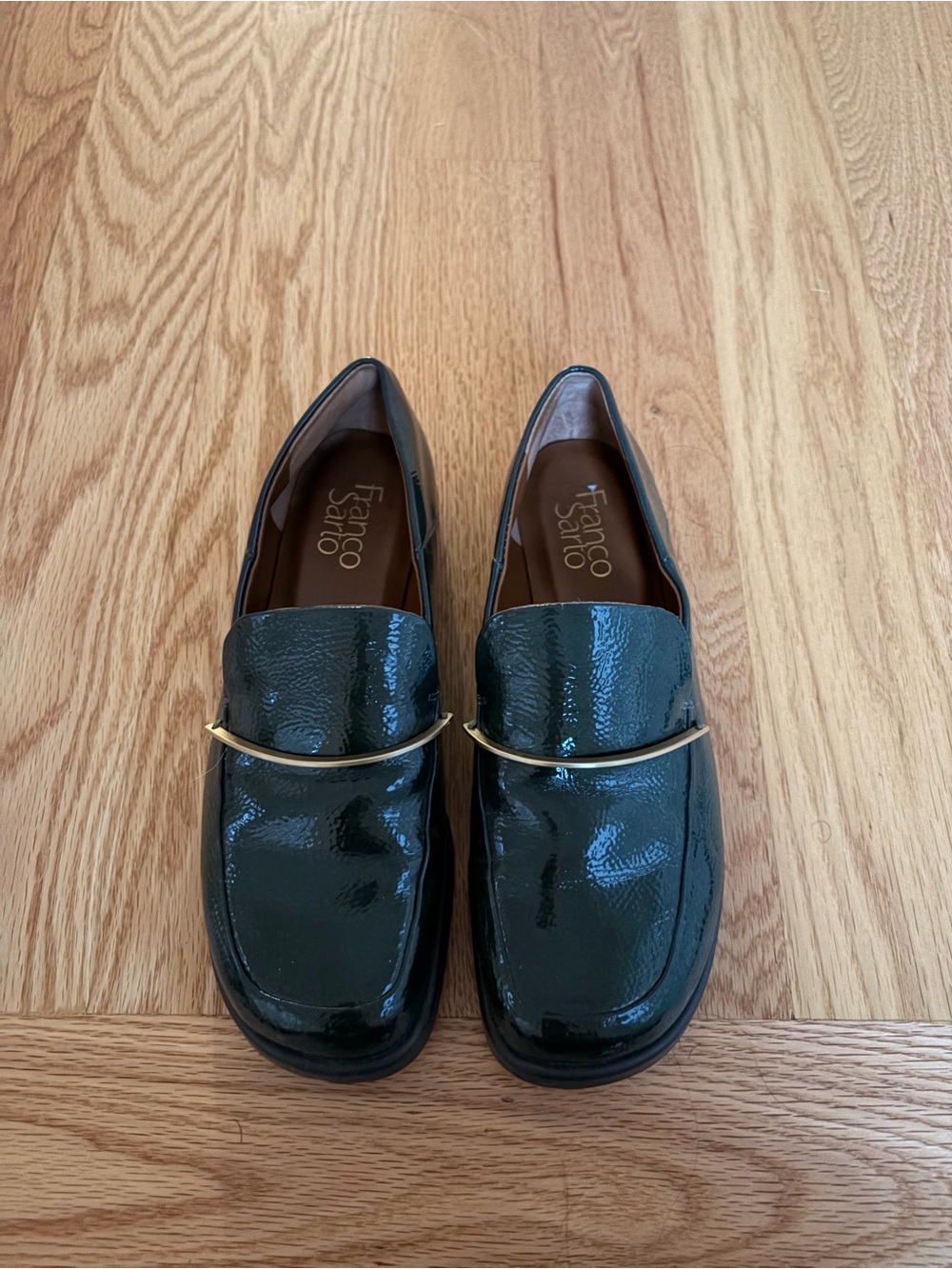 Franco Sarto women's Patent Emerald Loafers with Gold Bar